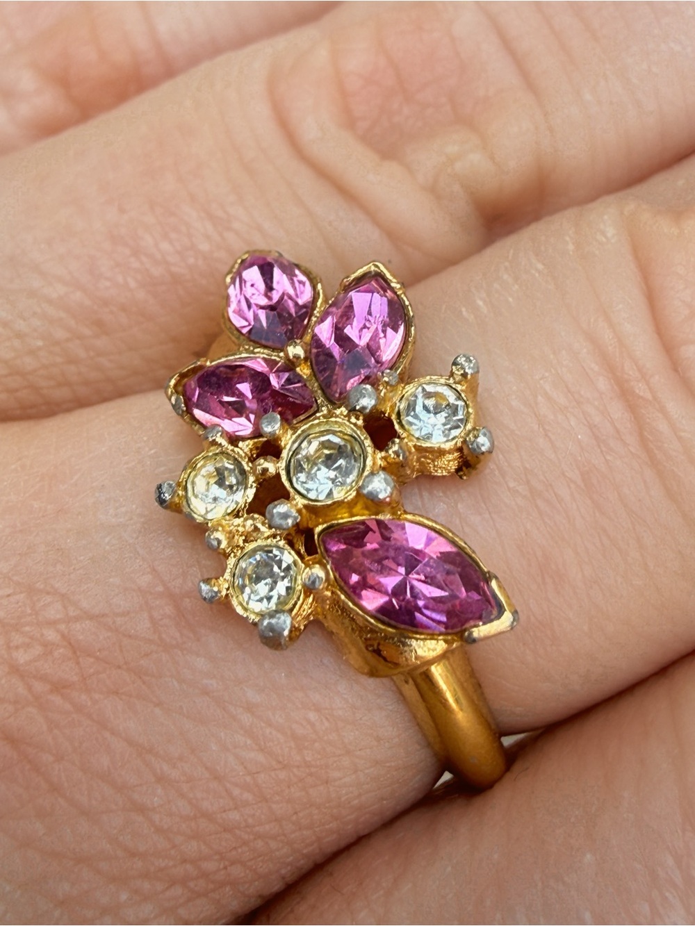 Vintage Signed Avon Pink Champagne Rhinestone Cluster Ring Gold Tone Size 5.75 - Picture 2 of 6